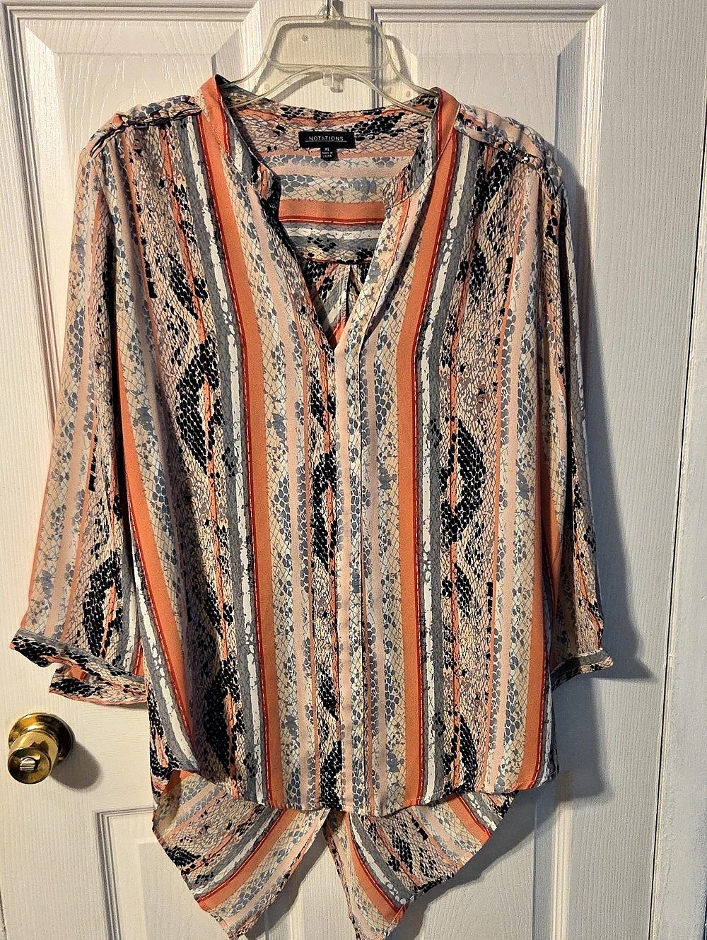 Notations Printed High-Low Blouse in Orange & Black XL Like New